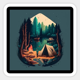 Camping Adventure in the Forest Lake, Fishing Sticker
